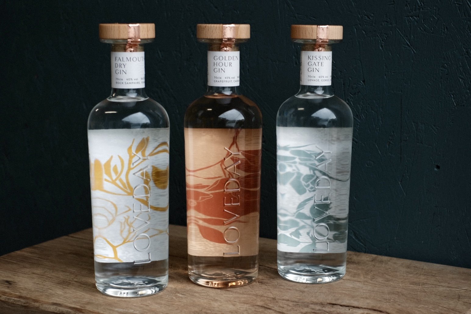 Loveday gin bottles with new bespoke sustainable packaging label upgrade