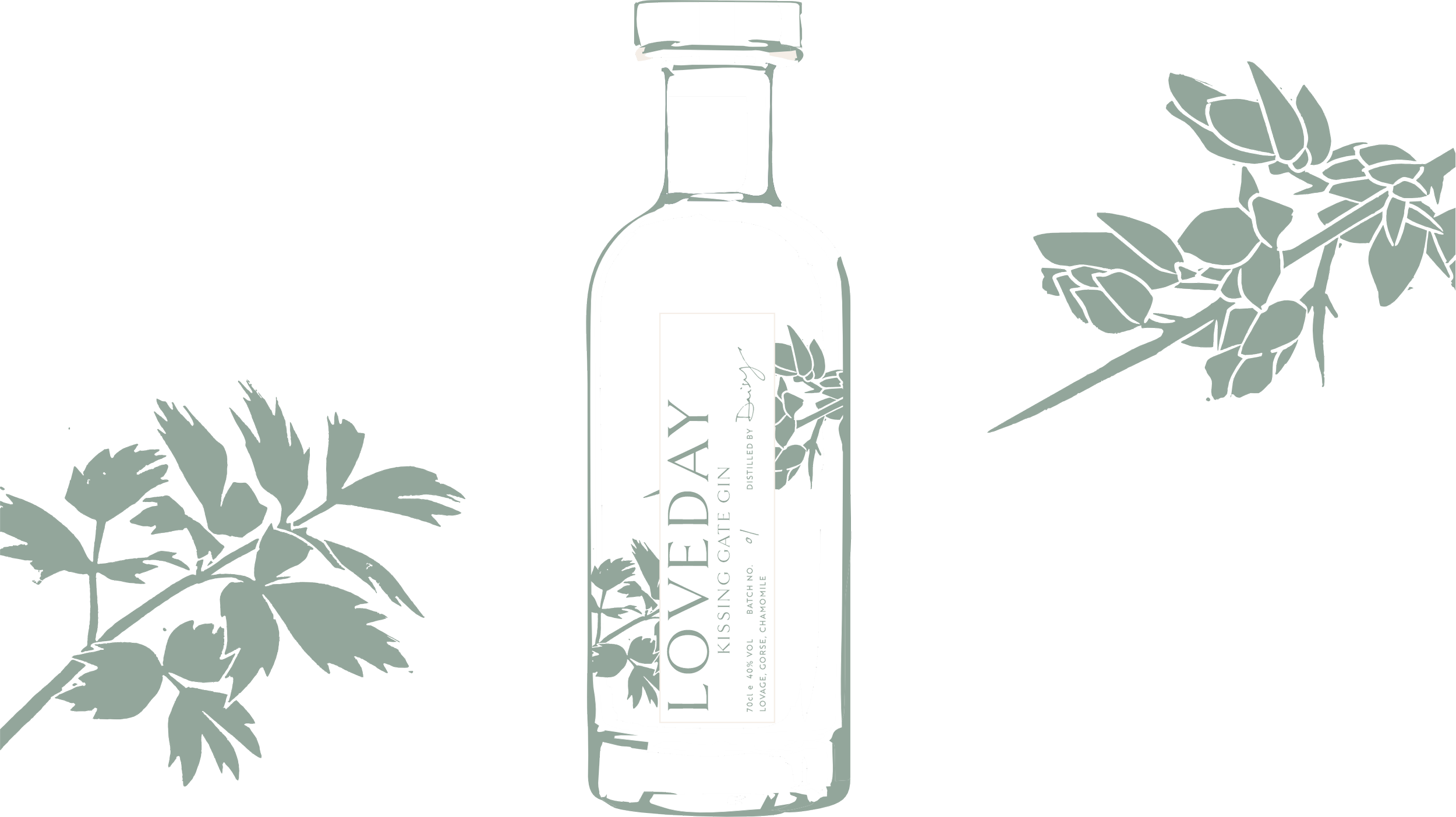 Loveday Kissing Gate Gin bottle surrounded by foraged botanical ingredients