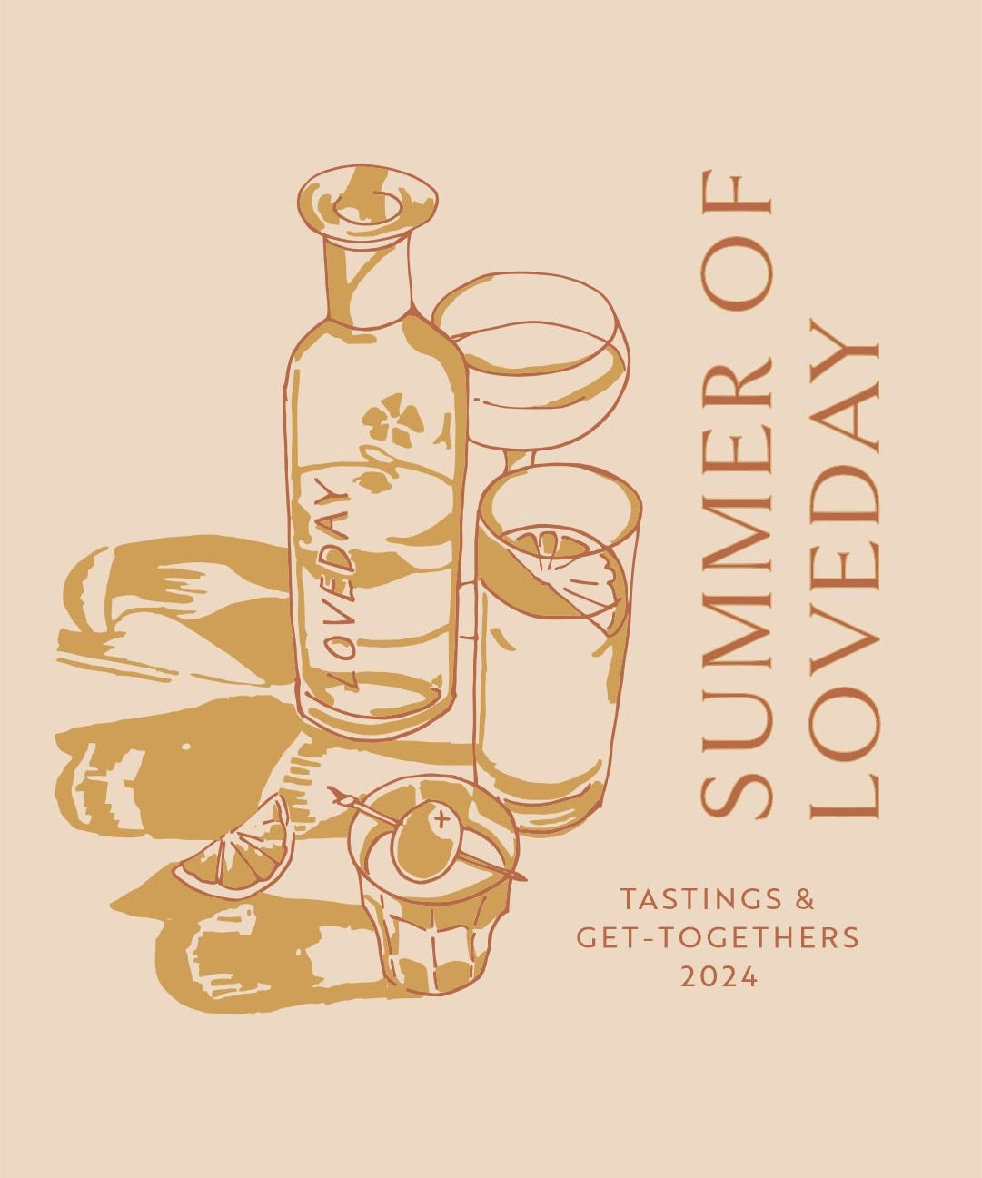 Loveday craft spirits summer campaign flat lay with gin and rum bottles