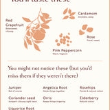 Botanical infographic for Loveday gin: red grapefruit, cardamom, rose, pink peppercorn, juniper, coriander, liquorice root and more
