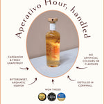 Infographic for Golden Hour Gin by Loveday Distillery highlighting cardamom, grapefruit flavours, no artificial additives, distilled in Cornwall