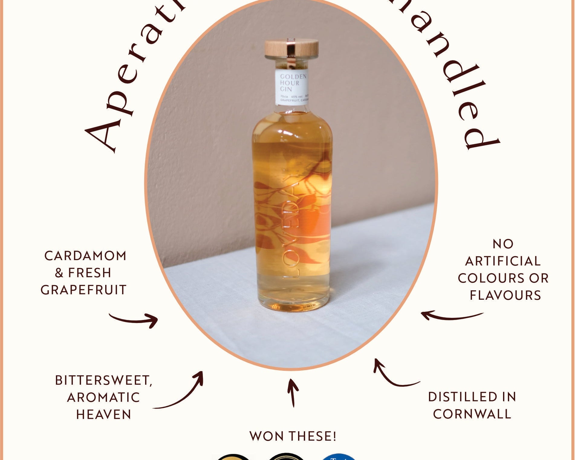 Infographic for Golden Hour Gin by Loveday Distillery highlighting cardamom, grapefruit flavours, no artificial additives, distilled in Cornwall