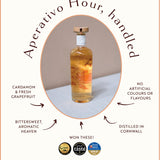 Infographic for Golden Hour Gin by Loveday Distillery highlighting cardamom, grapefruit flavours, no artificial additives, distilled in Cornwall
