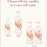 Graphic showing three Loveday Golden Hour Gin sizes: 200ml pocket, 700ml full-size, and 2x700ml duo set