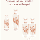 Graphic showing three Loveday Golden Hour Gin sizes: 200ml pocket, 700ml full-size, and 2x700ml duo set