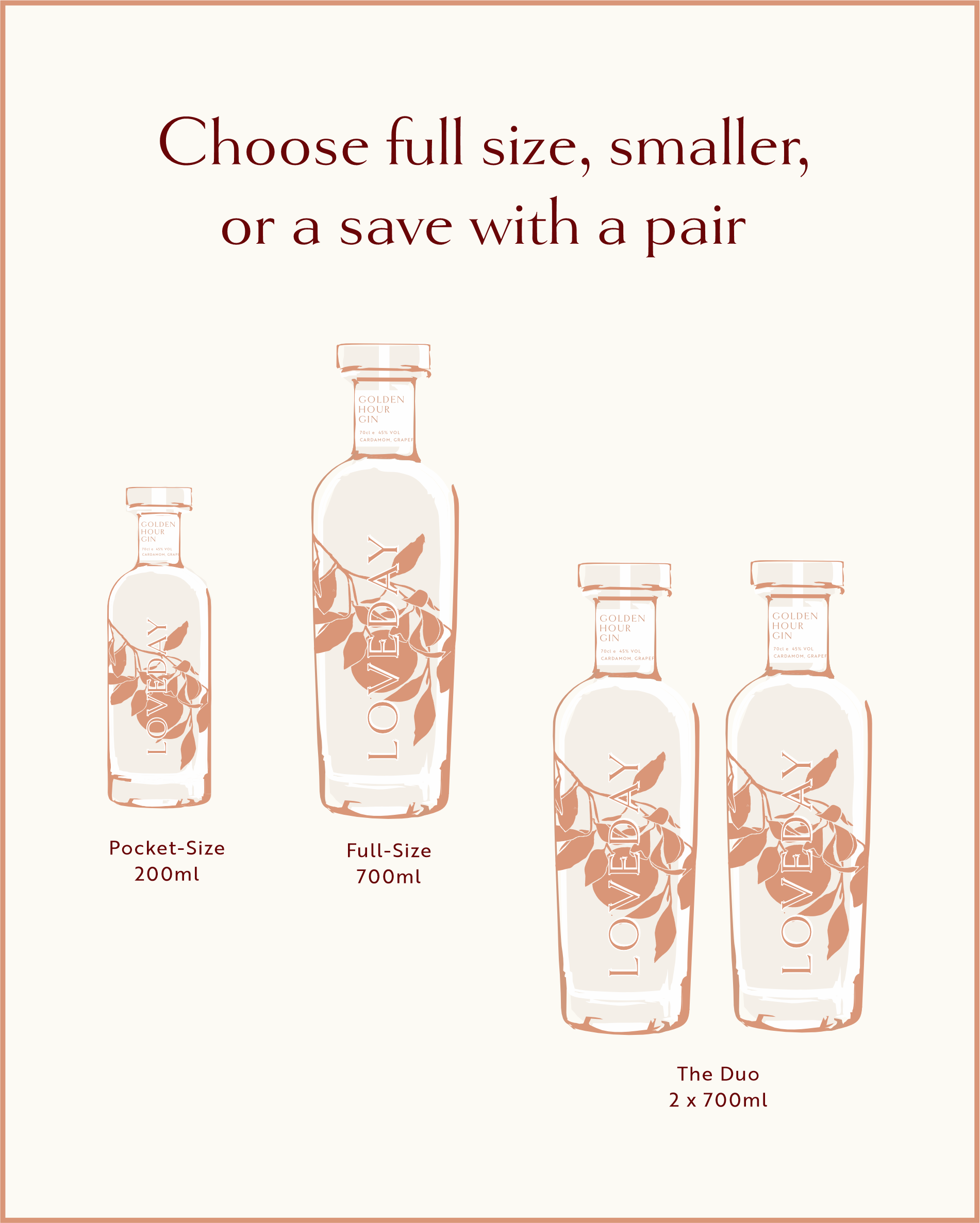 Graphic showing three Loveday Golden Hour Gin sizes: 200ml pocket, 700ml full-size, and 2x700ml duo set