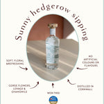Kissing Gate Gin infographic: clear bottle, floral botanicals, Taste of the West Gold 2023, distilled in Cornwall
