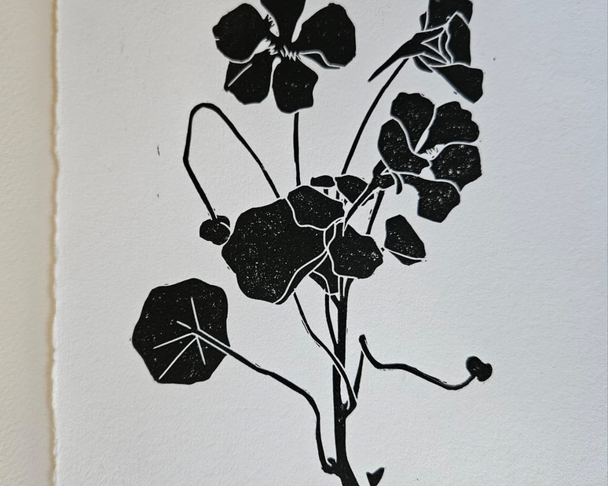 Black linocut print of a nasturtium branch with flowers, buds and round leaves on white deckle-edged paper