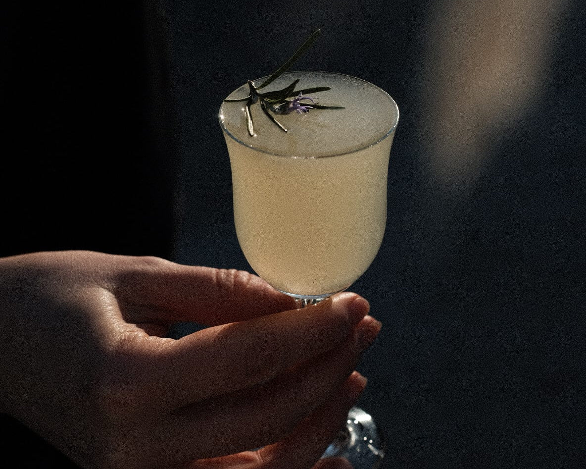 Hand holding a stemmed coupe glass of pale yellow gin cocktail garnished with a rosemary sprig and lavender flower