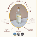 Falmouth Dry Gin features graphic: savoury coastal gin with rock samphire, fennel, no artificial flavours, award-winning, distilled in Cornwall
