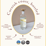 Falmouth Dry Gin features graphic: savoury coastal gin with rock samphire, fennel, no artificial flavours, award-winning, distilled in Cornwall