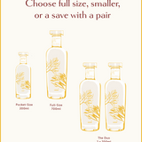 Graphic showing three Falmouth Dry Gin size options: 200ml pocket, 700ml full-size, and a 2x700ml duo set