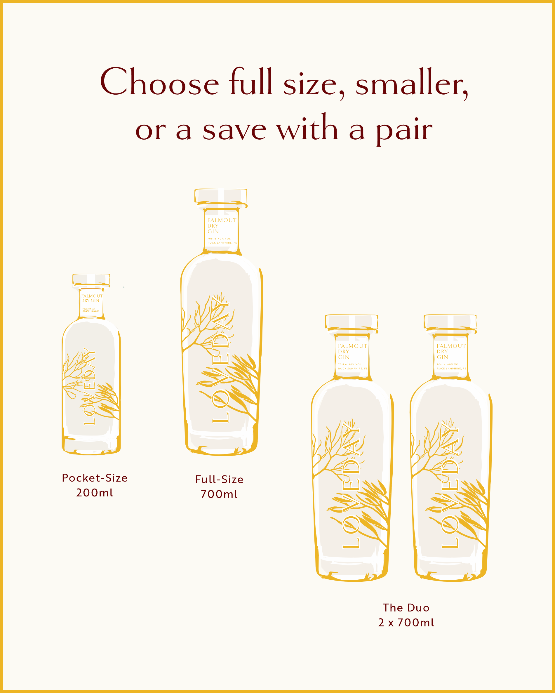 Graphic showing three Falmouth Dry Gin size options: 200ml pocket, 700ml full-size, and a 2x700ml duo set