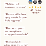Customer review graphic for Loveday Distillery Falmouth Dry Gin with 4 five-star quotes, 100+ 5-star reviews, and 3 award badges
