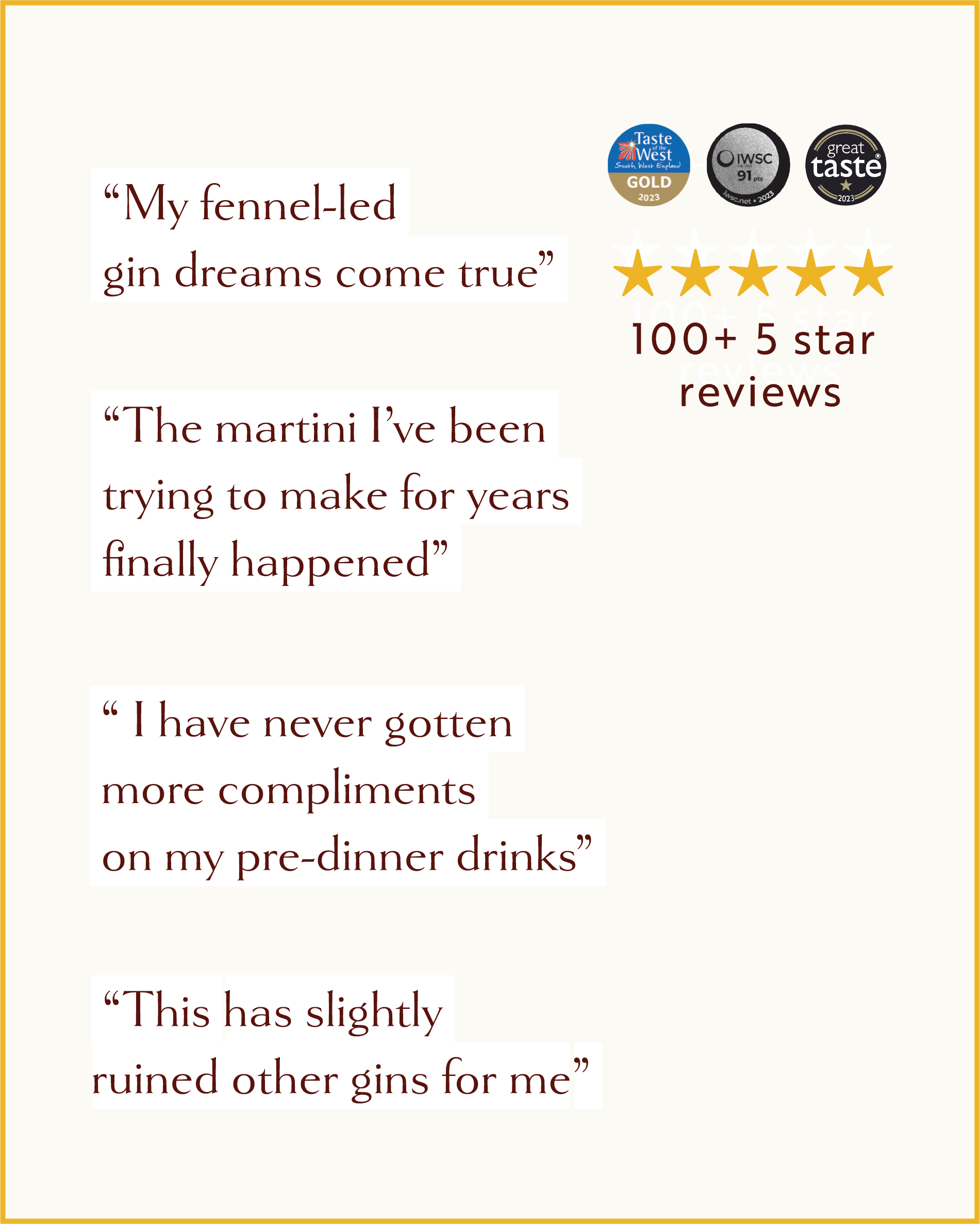 Customer review graphic for Loveday Distillery Falmouth Dry Gin with 4 five-star quotes, 100+ 5-star reviews, and 3 award badges