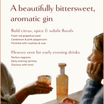 Infographic describing Golden Hour Gin's bittersweet flavour profile: citrus, spice, florals, and cocktail serving suggestions