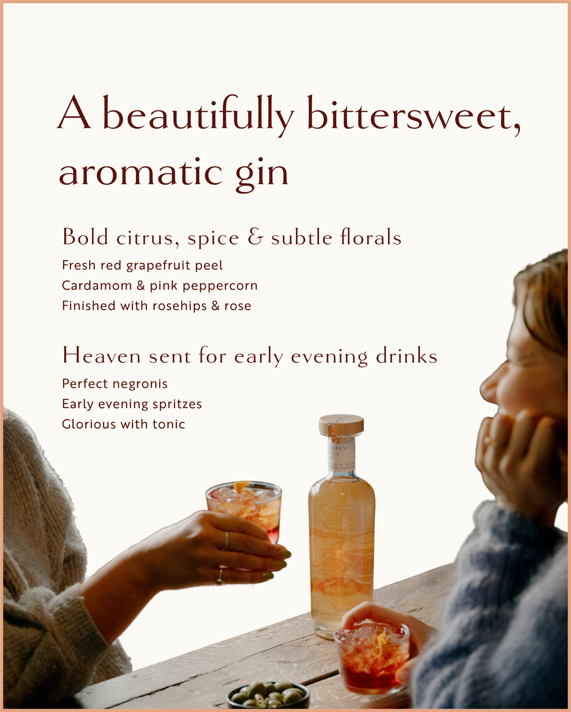 Infographic describing Golden Hour Gin's bittersweet flavour profile: citrus, spice, florals, and cocktail serving suggestions