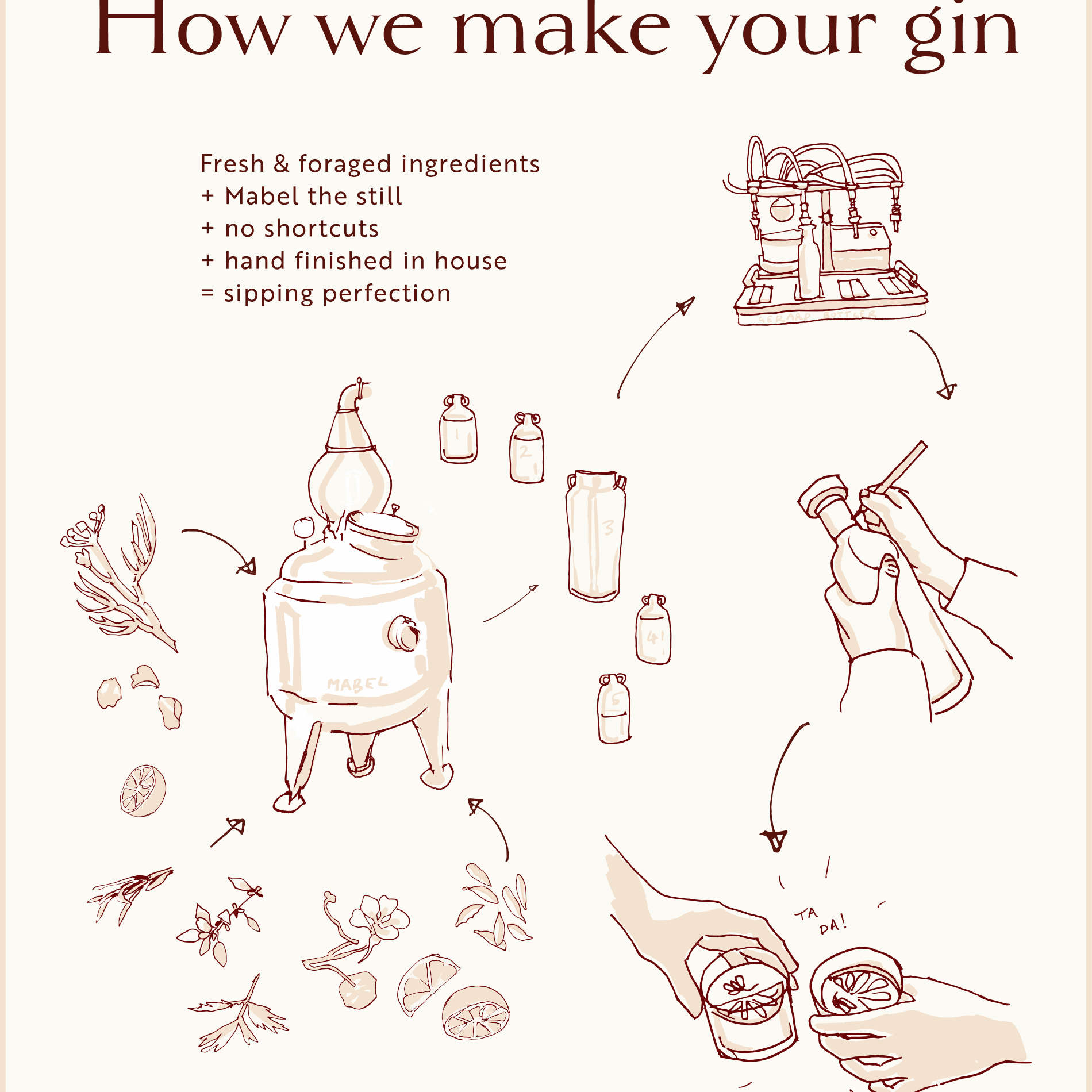 Illustrated infographic showing how Loveday Distillery makes gin: botanicals, still named Mabel, distillate cuts, hand-bottling, and finished serve