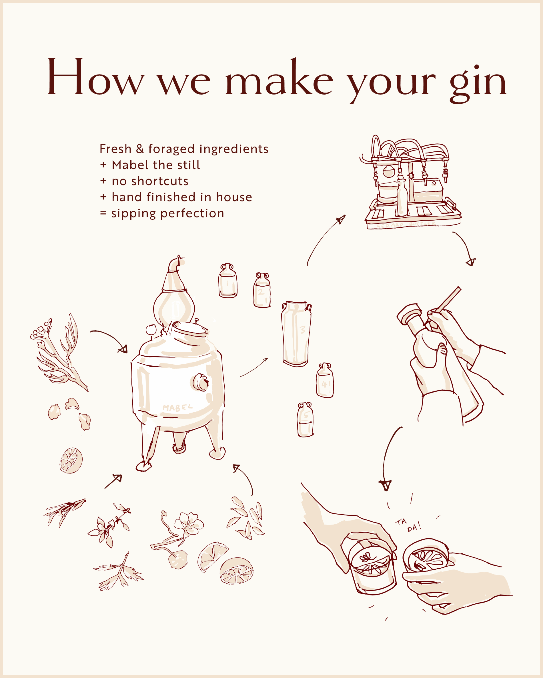 Illustrated infographic showing how Loveday Distillery makes gin: botanicals, still named Mabel, distillate cuts, hand-bottling, and finished serve