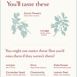 Botanicals graphic for Loveday Kissing Gate Gin: gorse flowers, lovage, juniper, coriander seed, orris, chamomile, elderflower, lemon peel