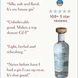 Kissing Gate Gin review graphic showing 4 customer quotes, 100+ five-star reviews badge, and Taste of the West Gold 2023 award