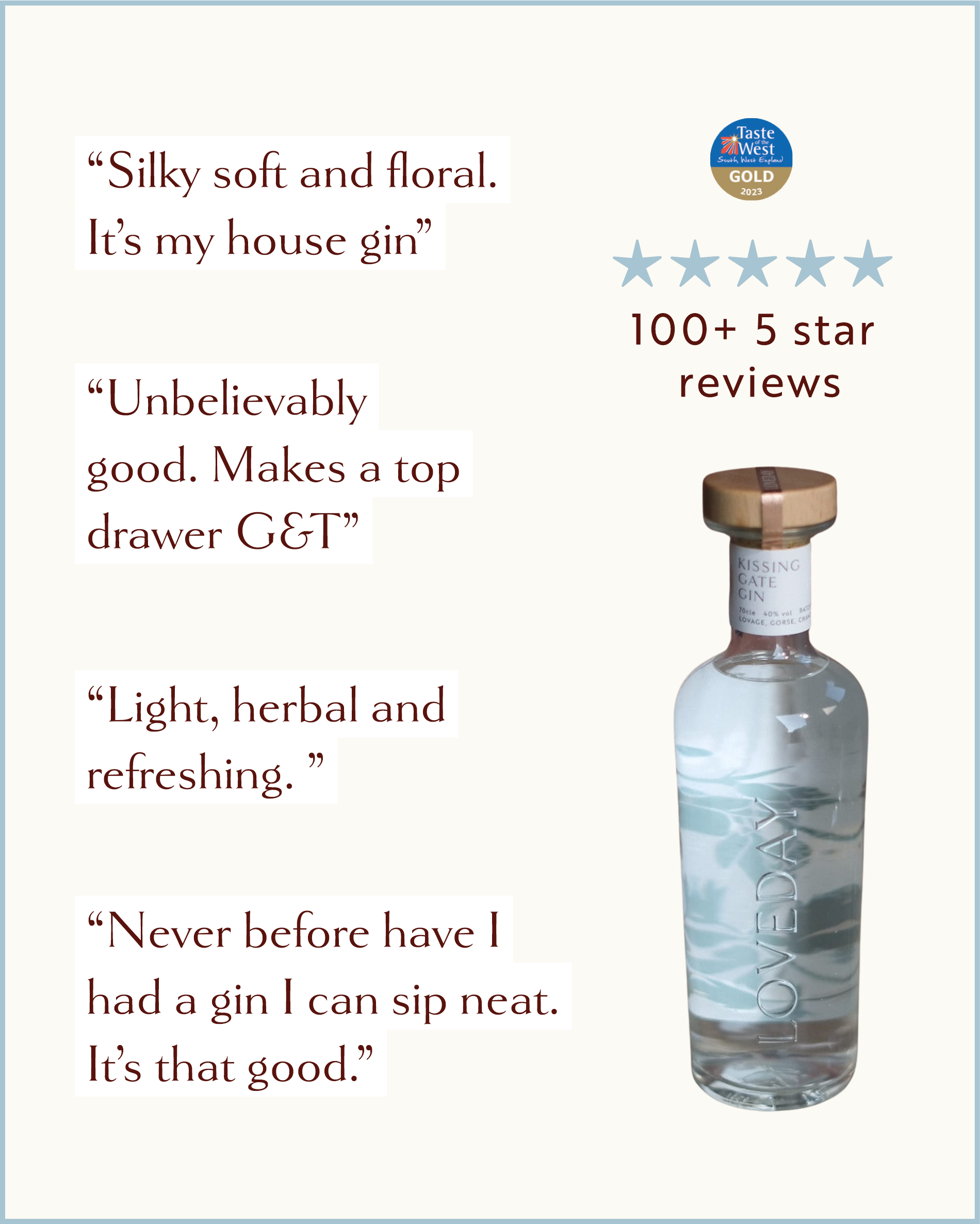 Kissing Gate Gin review graphic showing 4 customer quotes, 100+ five-star reviews badge, and Taste of the West Gold 2023 award
