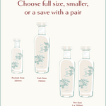Graphic showing three size options for Kissing Gate Gin: Pocket-Size 200ml, Full-Size 700ml, and The Duo 2x700ml
