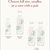 Graphic showing three size options for Kissing Gate Gin: Pocket-Size 200ml, Full-Size 700ml, and The Duo 2x700ml