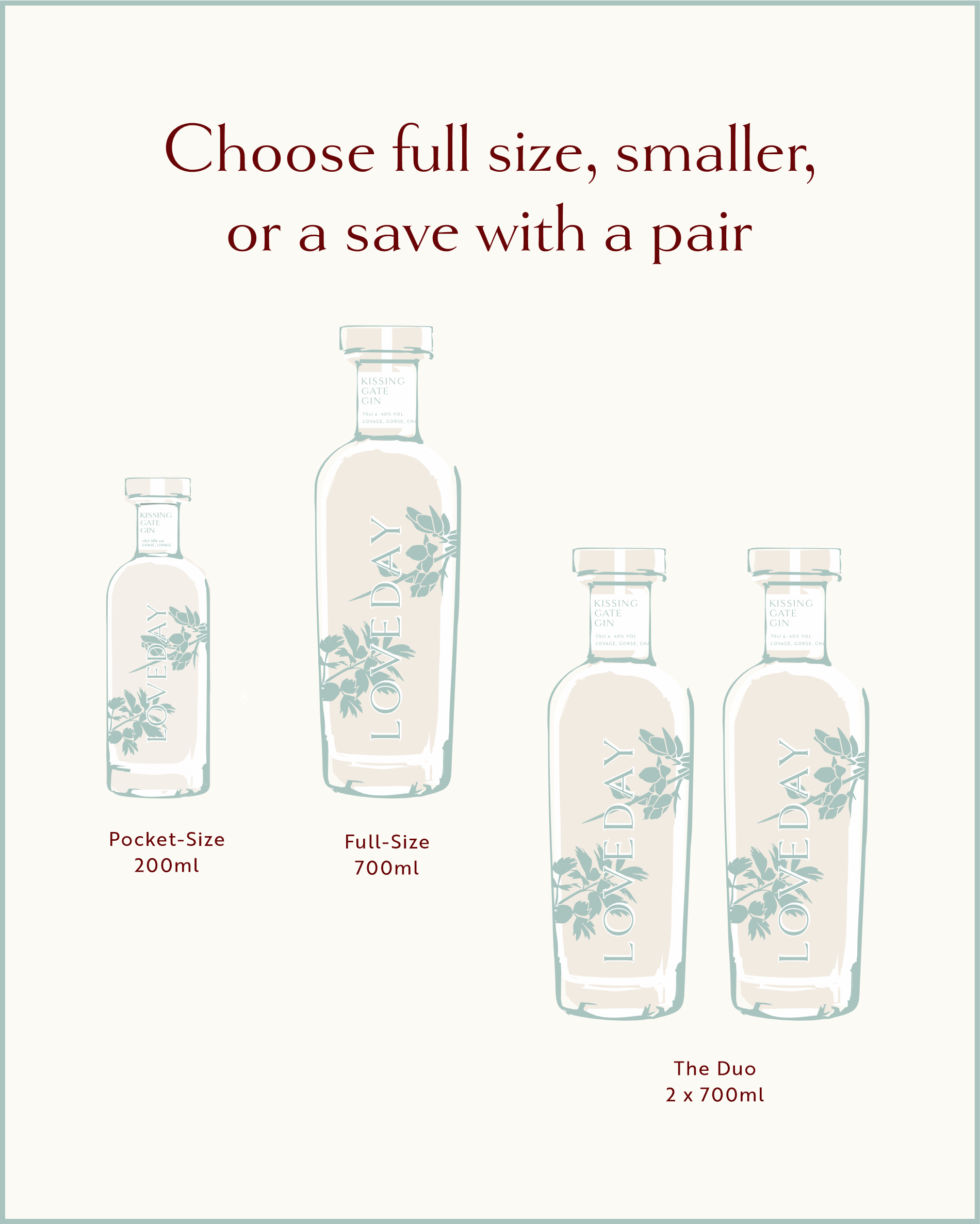 Graphic showing three size options for Kissing Gate Gin: Pocket-Size 200ml, Full-Size 700ml, and The Duo 2x700ml