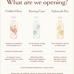 Infographic comparing three Loveday gin varieties: Golden Hour, Kissing Gate, and Falmouth Dry, with botanicals, flavour profiles, and serve suggestions
