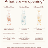 Infographic comparing three Loveday gin varieties: Golden Hour, Kissing Gate, and Falmouth Dry, with botanicals, flavour profiles, and serve suggestions